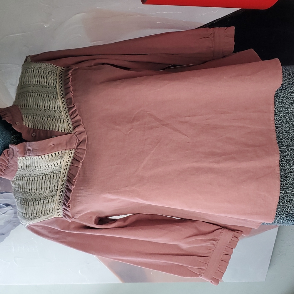 Zara Basic Mauve Corduroy & Crochet Blouse